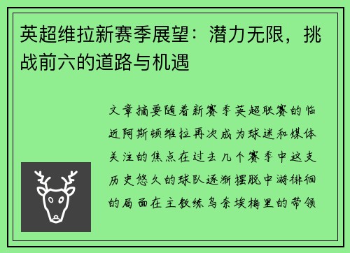 英超维拉新赛季展望：潜力无限，挑战前六的道路与机遇