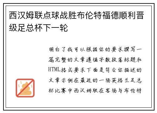 西汉姆联点球战胜布伦特福德顺利晋级足总杯下一轮 西汉姆联点球战胜布伦特福德顺利晋级足总杯下一轮