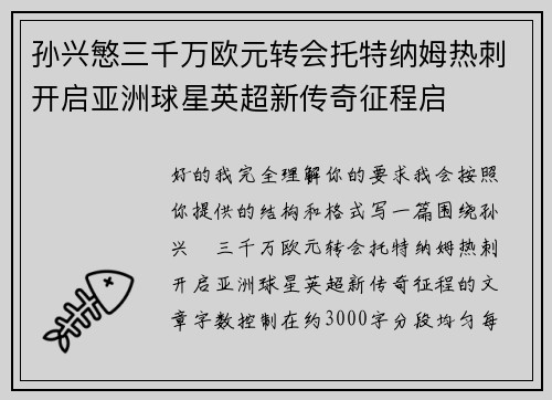 孙兴慜三千万欧元转会托特纳姆热刺开启亚洲球星英超新传奇征程启 孙兴慜三千万欧元转会托特纳姆热刺开启亚洲球星英超新传奇征程启