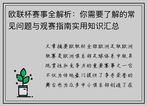 欧联杯赛事全解析：你需要了解的常见问题与观赛指南实用知识汇总